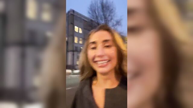 A blonde whore gets a cumshot on her face during a cum walk