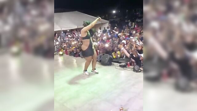 The guy removes panties of a girl on the stage of the public sexfair