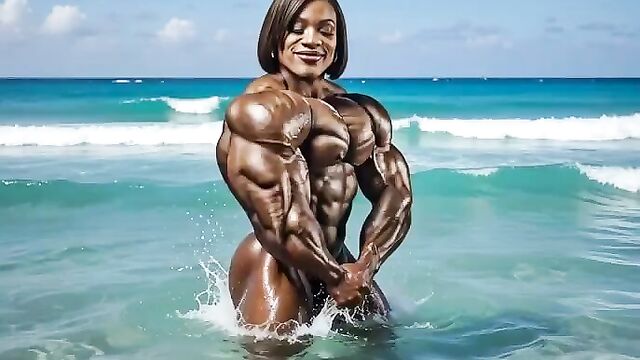 A guy with huge muscles has his own dance at the beach