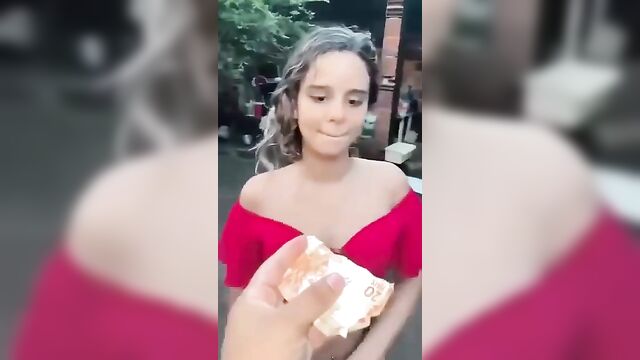 A young and naive girl had to show her boobs to earn some money
