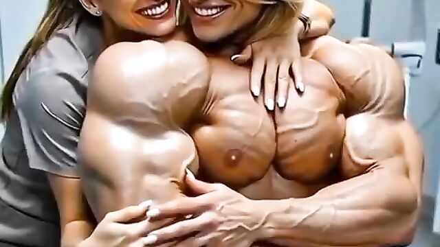 A masseuse is licking the muscles of a naked female bodybuilder in the shower