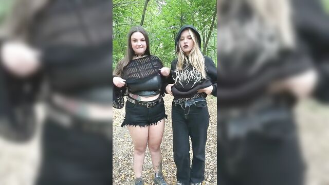 Two goth babes with huge tits getting fucked outdoors