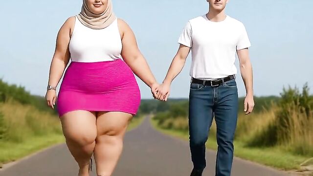 The full-size bbw model wearing a hijab walks slowly with a man