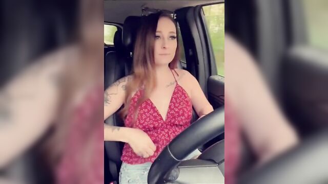 A slutty woman flashing her boobs while driving is way too naughty