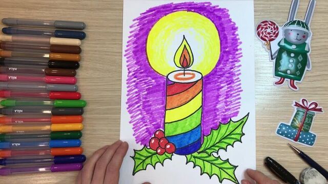 Детские новогодние рисунки. легкие новогодние рисунки. свеча рисунок. как нарисовать свечу. карандаши и краски