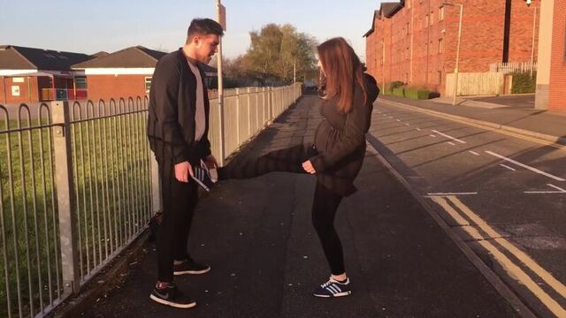 German girl kicks balls. ballbusting, удар по яйцам.